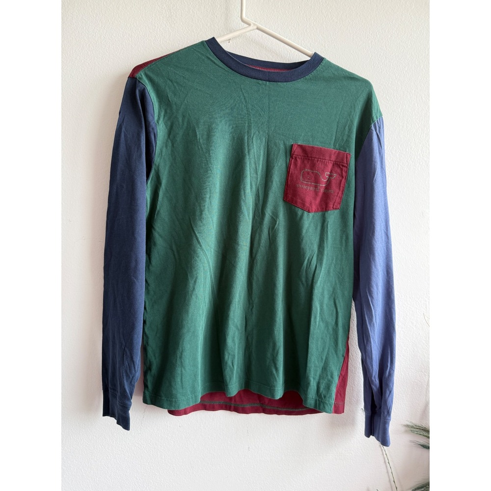 Vineyard Vines Womens Colorblock Long Sleeve Pocket T-Shirt Green Navy Small